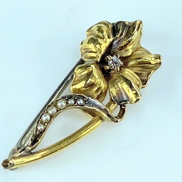 Antique 18k Old Euro Cut diamond seed pearls Floral brooch 32x13mm 2.6g JR413